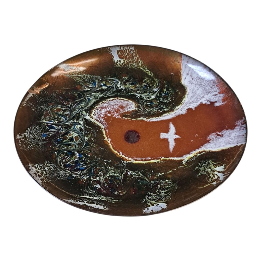 Signed Kazeka Enameled On Copper Decorative Dish Ocean With Seagull Collectible - Picture 3 of 3